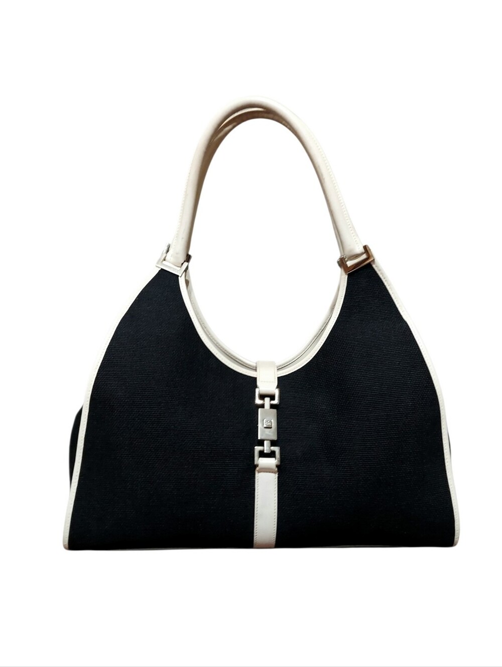 Gucci Jackie Bardot Black Canvas & White Leather Larger Size Hobo Shoulder Bag